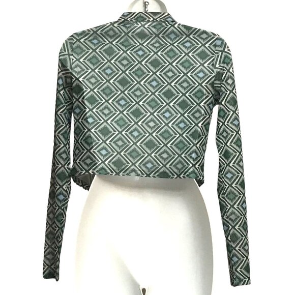 CIDER Mesh Geometric Argyle Print Long Sleeve Open Front Cropped LS Top Cardigan - Picture 2 of 5